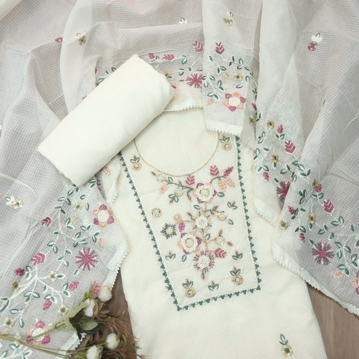 Roopsoni Off-White Embroidered Yoke with Kardana and Moti Work Kota Doriya Suit Set