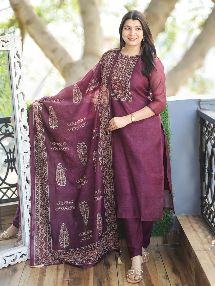 Nandani Mulberry Purple Printed Neck with Kolkata Hand Kantha Work Chanderi 3 Piece Set