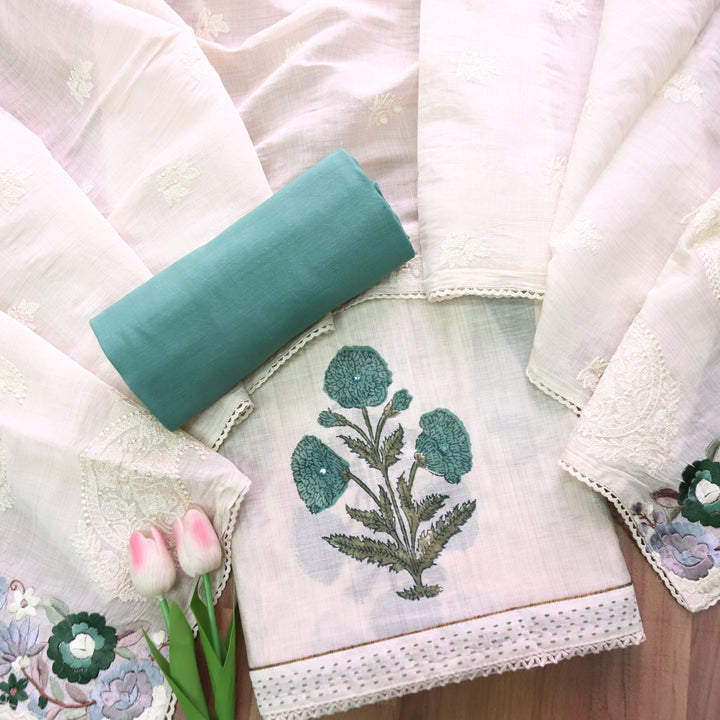 Kalyani Beige with Teal Block Printed Mul Chanderi Set
