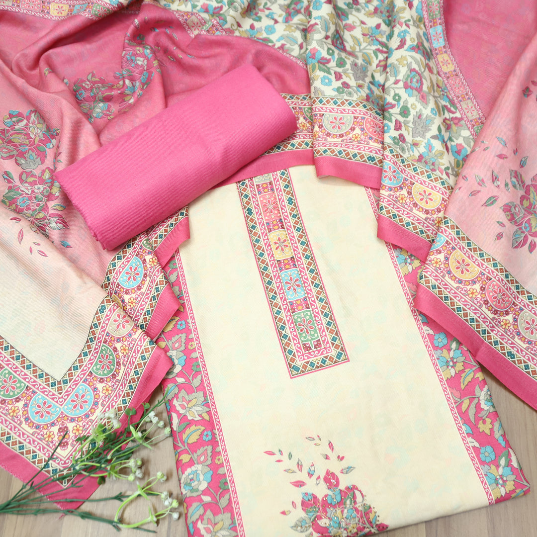 Kumbhvi Punch Pink Panel Style Swarovski Work Semi Pashmina Winter Set
