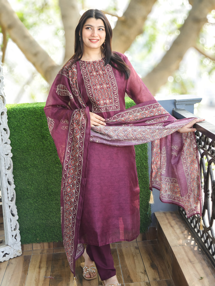 Nandani Mulberry Purple Printed Neck with Kolkata Hand Kantha Work Chanderi 3 Piece Set