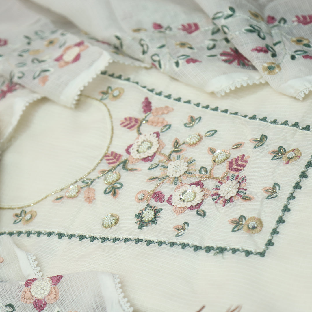 Roopsoni Off-White Embroidered Yoke with Kardana and Moti Work Kota Doriya Suit Set