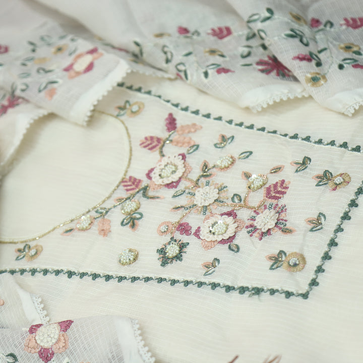 Roopsoni Off-White Embroidered Yoke with Kardana and Moti Work Kota Doriya Suit Set