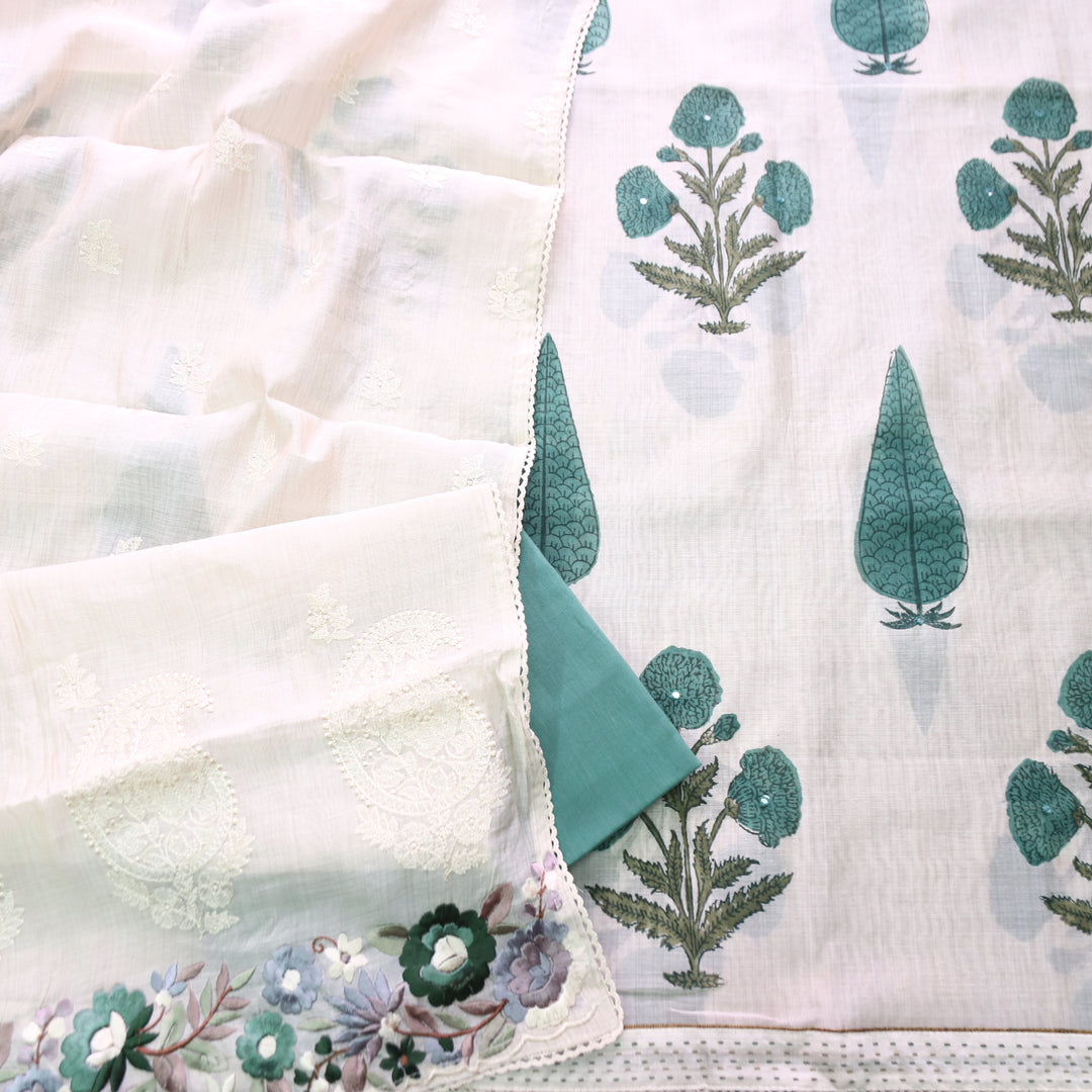 Kalyani Beige with Teal Block Printed Mul Chanderi Set