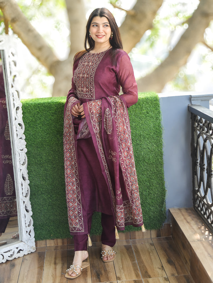 Nandani Mulberry Purple Printed Neck with Kolkata Hand Kantha Work Chanderi 3 Piece Set