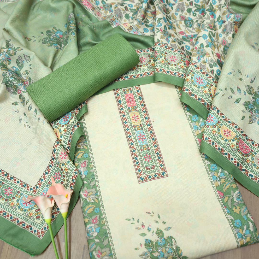 Kumbhvi Leaf Green Panel Style Swarovski Work Semi Pashmina Winter Set