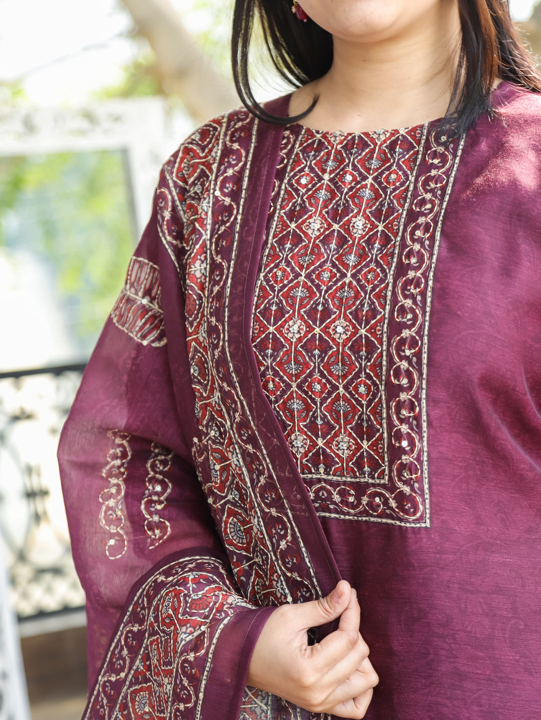Nandani Mulberry Purple Printed Neck with Kolkata Hand Kantha Work Chanderi 3 Piece Set