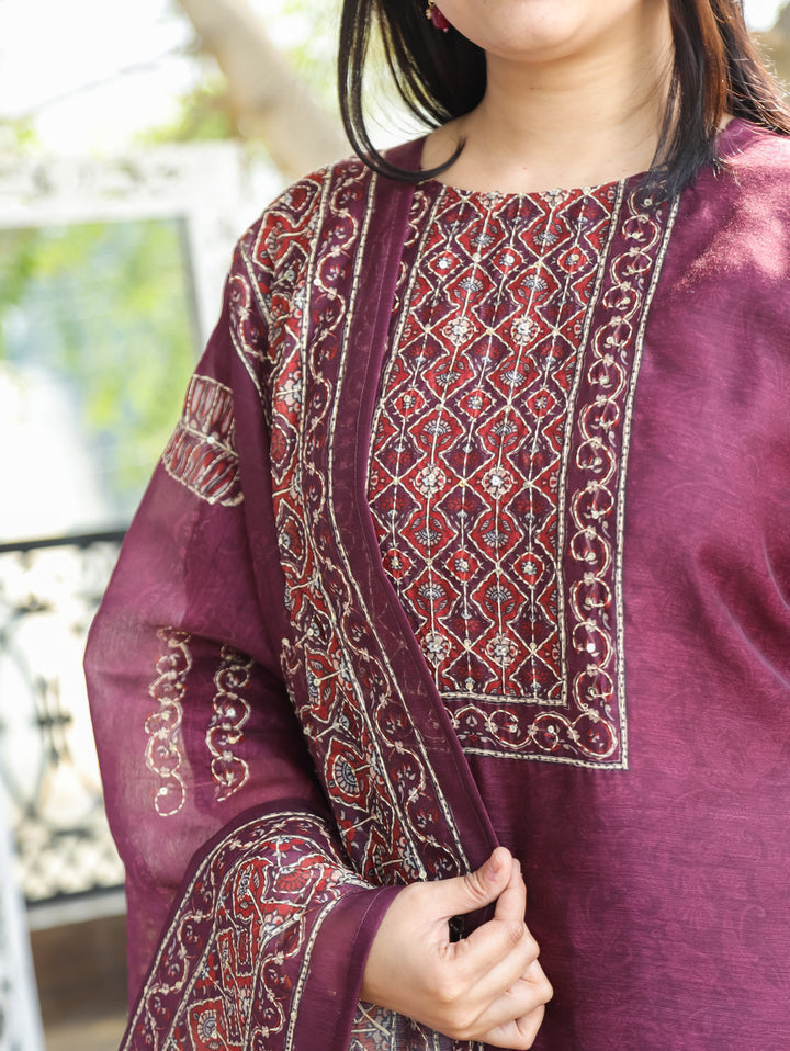 Nandani Mulberry Purple Printed Neck with Kolkata Hand Kantha Work Chanderi 3 Piece Set