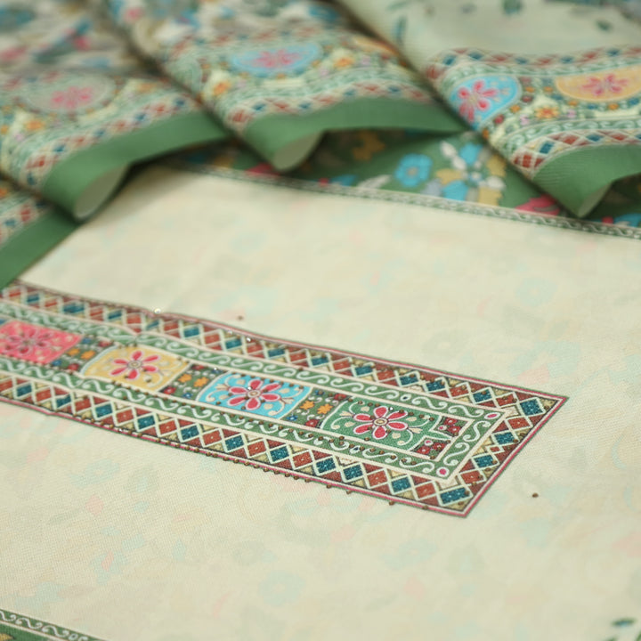Kumbhvi Leaf Green Panel Style Swarovski Work Semi Pashmina Winter Set