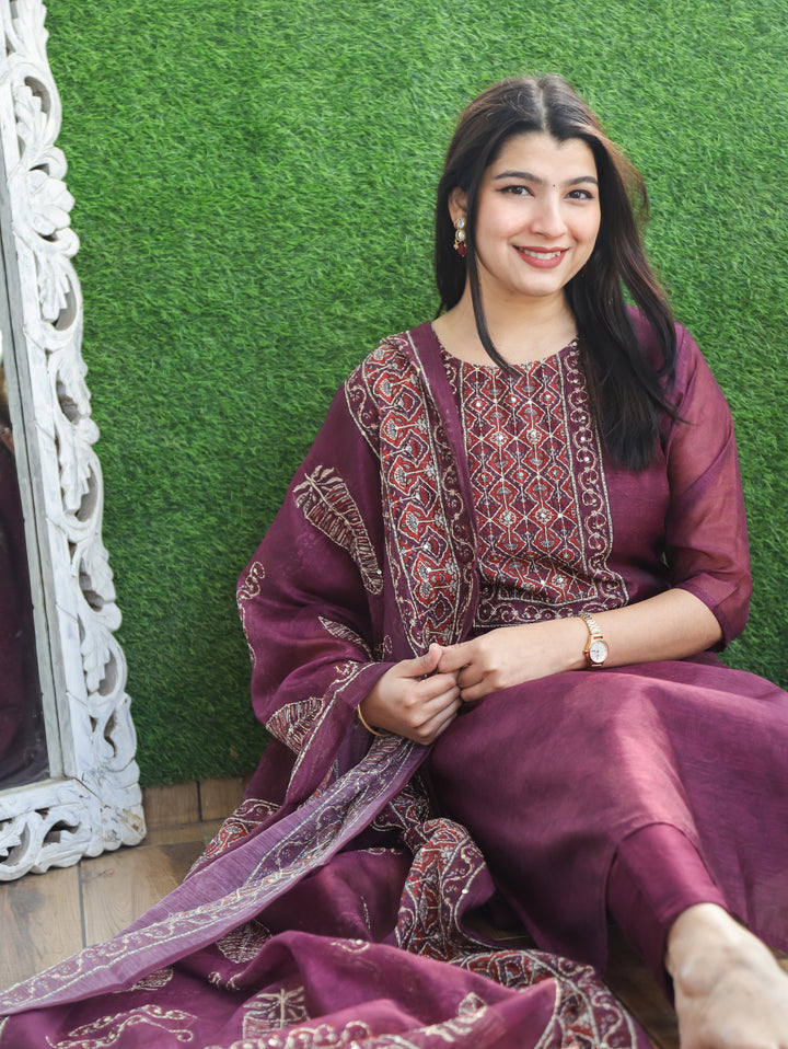Nandani Mulberry Purple Printed Neck with Kolkata Hand Kantha Work Chanderi 3 Piece Set
