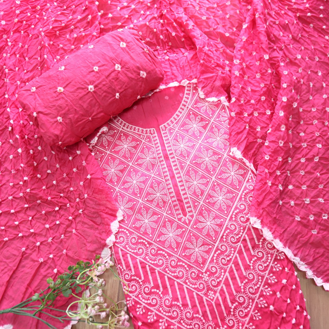 Bandegi Rani Pink Authentic Bandhej with Thread Neck Work Cotton Set