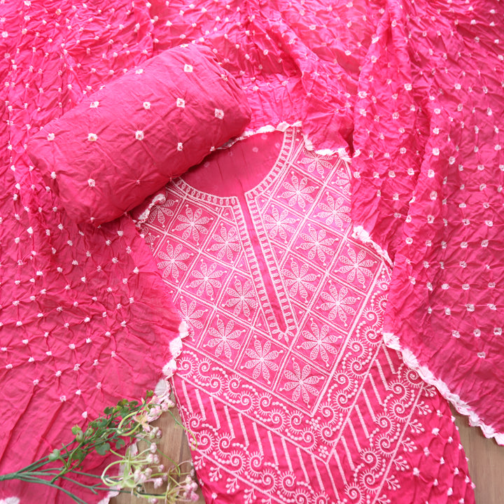 Bandegi Rani Pink Authentic Bandhej with Thread Neck Work Cotton Set