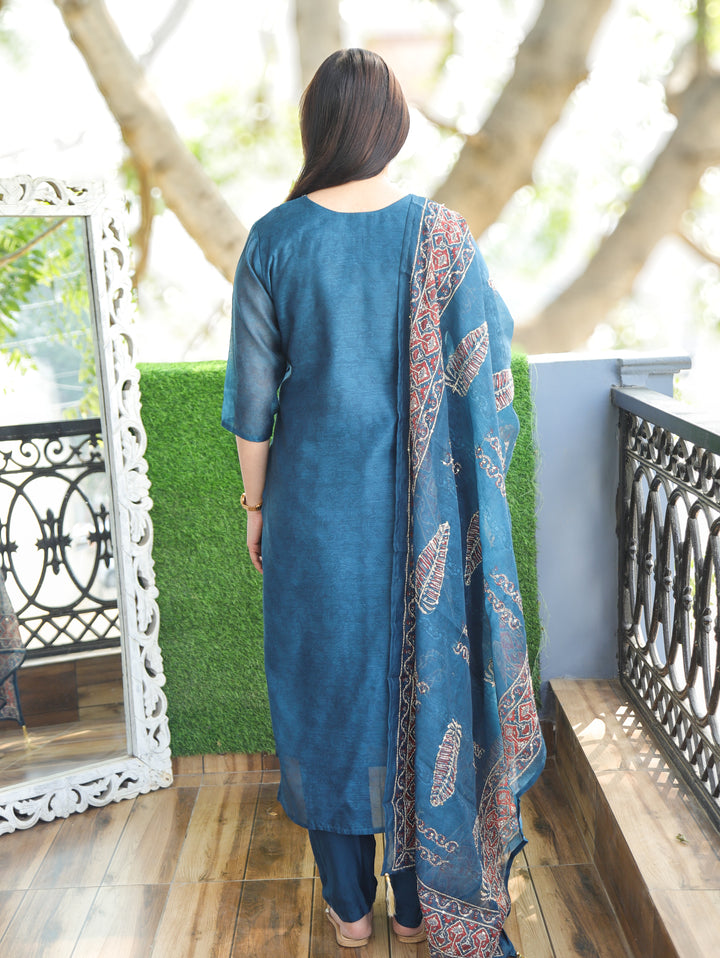 Nandani Cerulean Blue Printed Neck with Kolkata Hand Kantha Work Chanderi 3 Piece Set