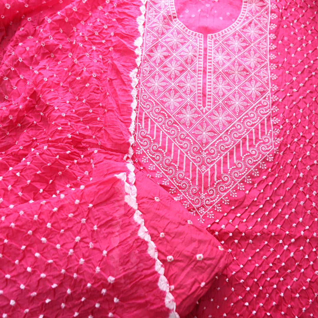 Bandegi Rani Pink Authentic Bandhej with Thread Neck Work Cotton Set