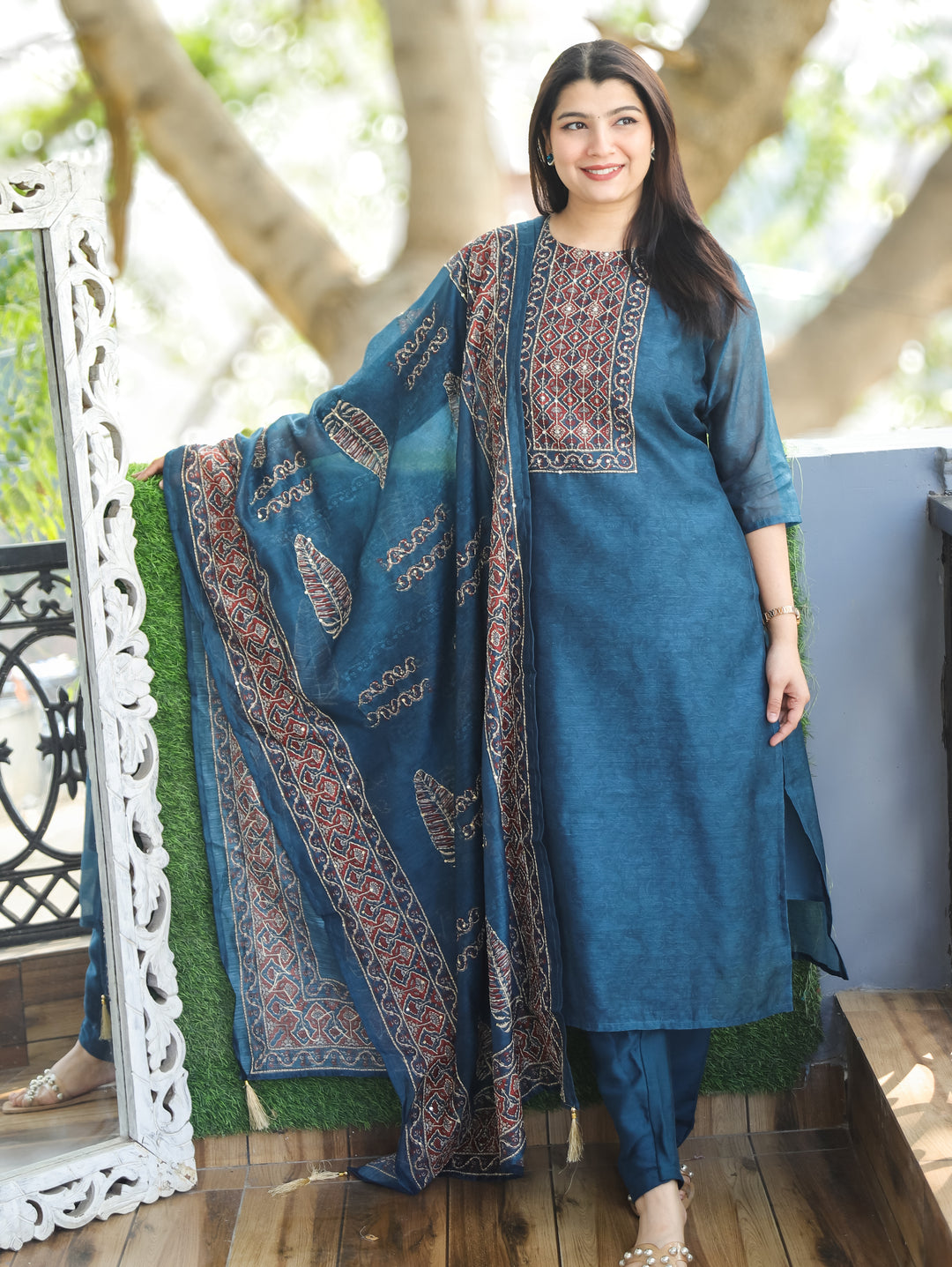 Nandani Cerulean Blue Printed Neck with Kolkata Hand Kantha Work Chanderi 3 Piece Set