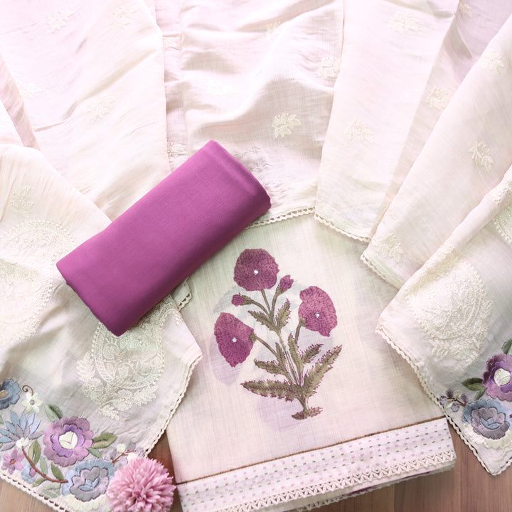 Kalyani Beige with Purple Block Printed Mul Chanderi Set