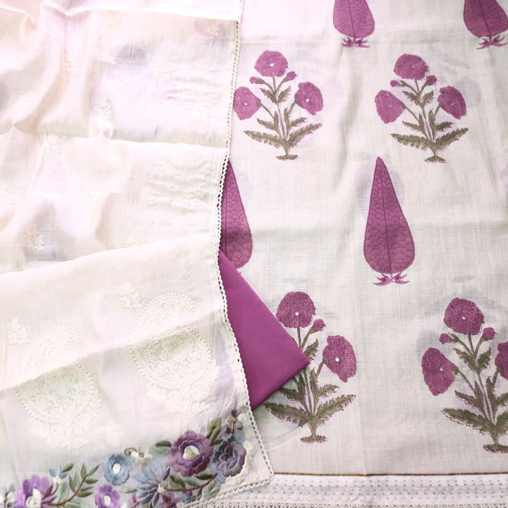 Kalyani Beige with Purple Block Printed Mul Chanderi Set