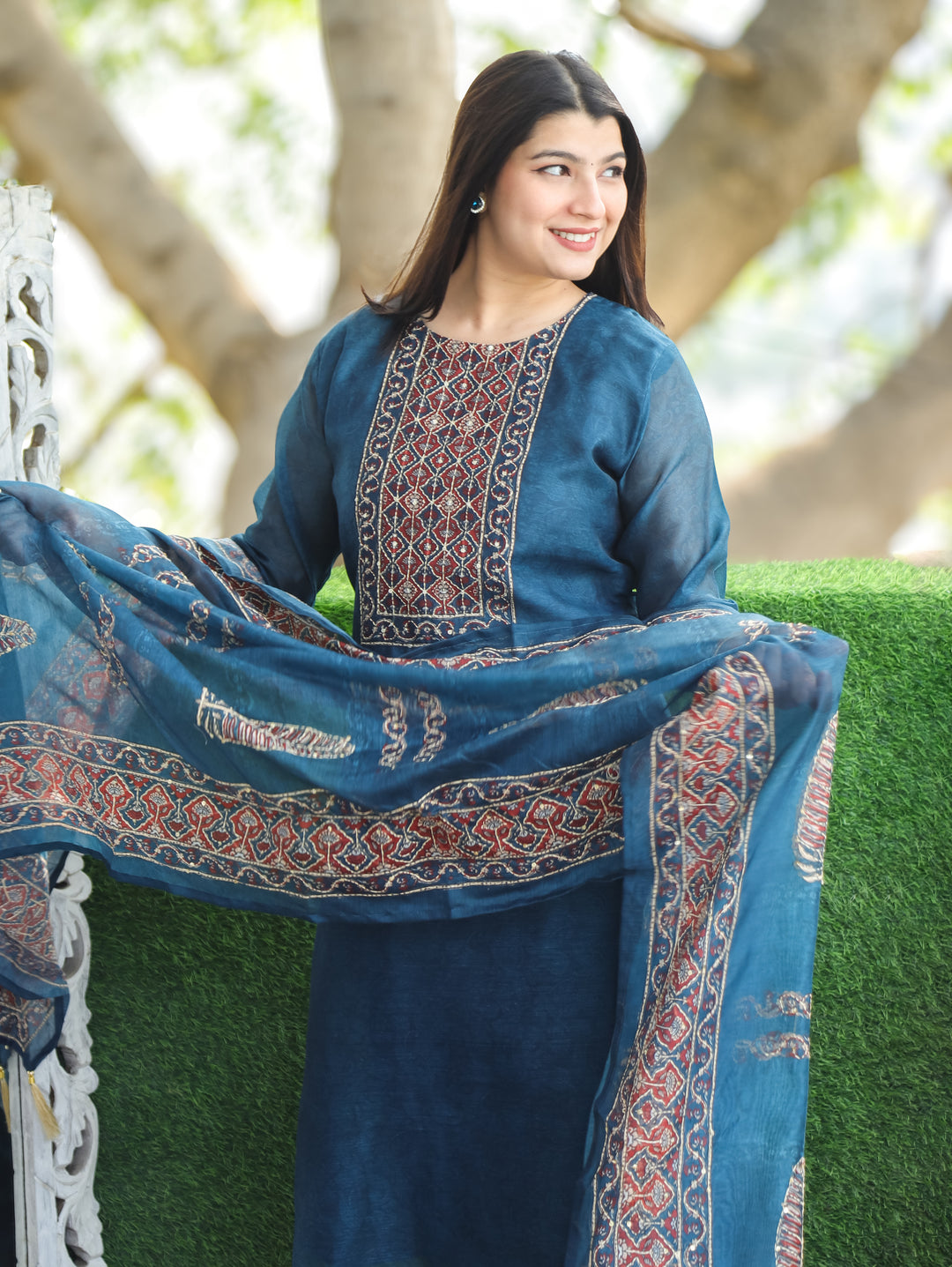 Nandani Cerulean Blue Printed Neck with Kolkata Hand Kantha Work Chanderi 3 Piece Set