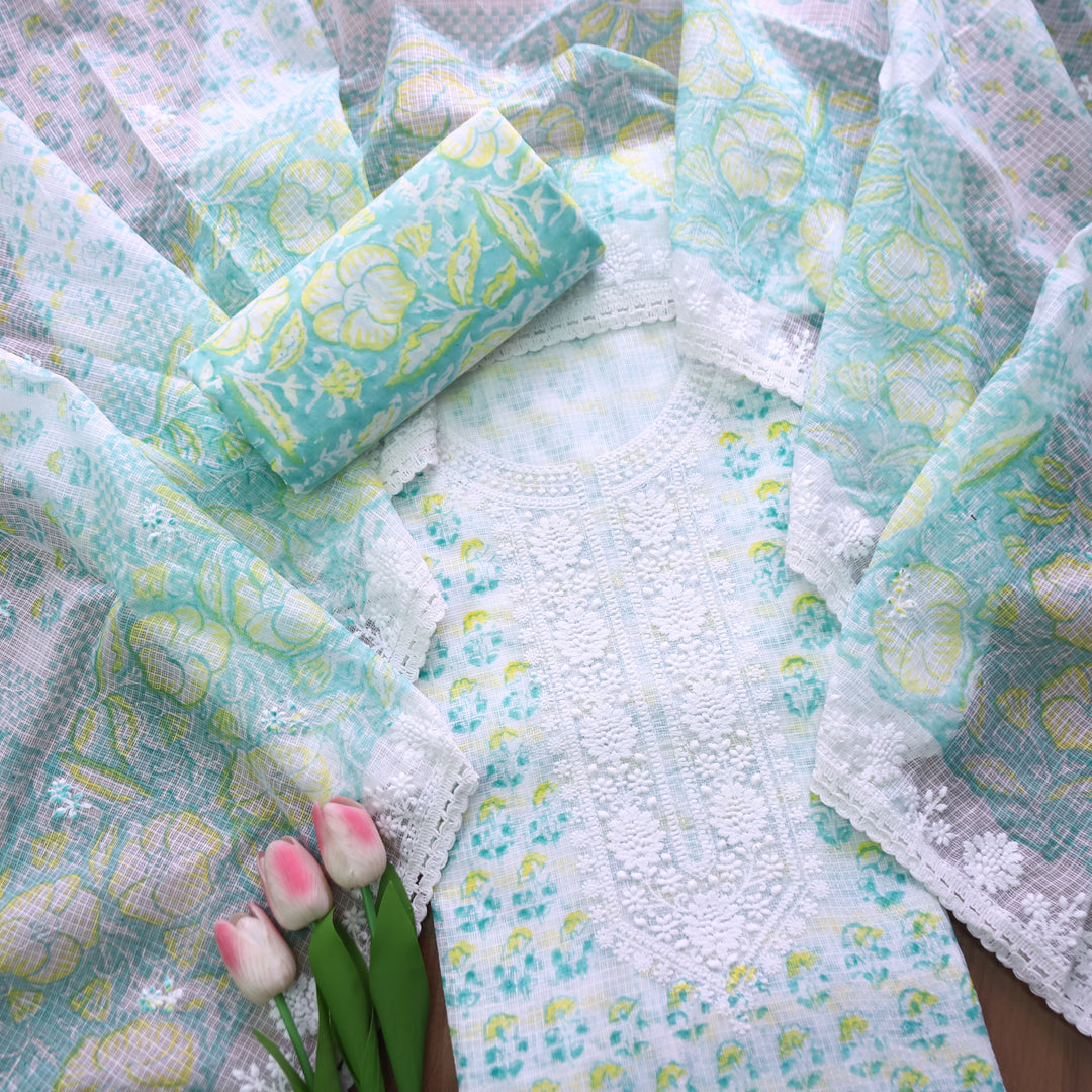 Keher White with Mint Floral Printed Embroidered Kota Doriya Set