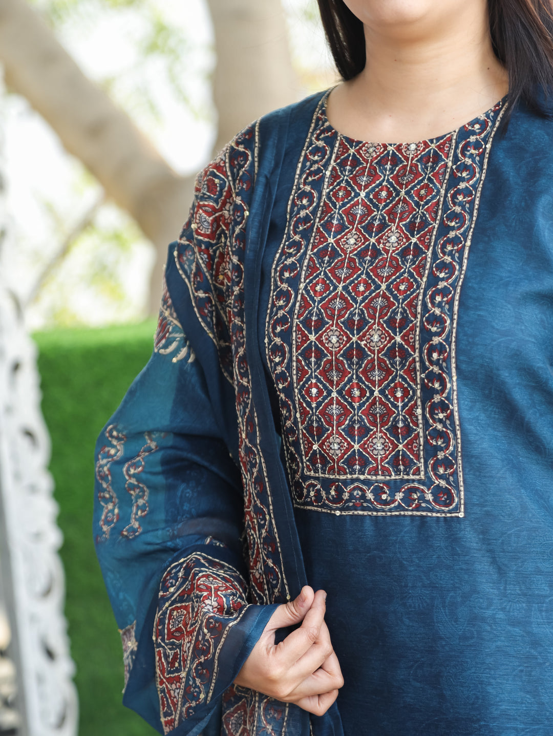 Nandani Cerulean Blue Printed Neck with Kolkata Hand Kantha Work Chanderi 3 Piece Set