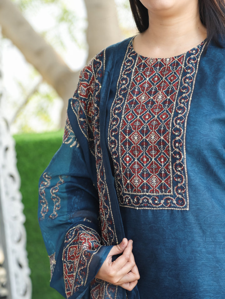 Nandani Cerulean Blue Printed Neck with Kolkata Hand Kantha Work Chanderi 3 Piece Set