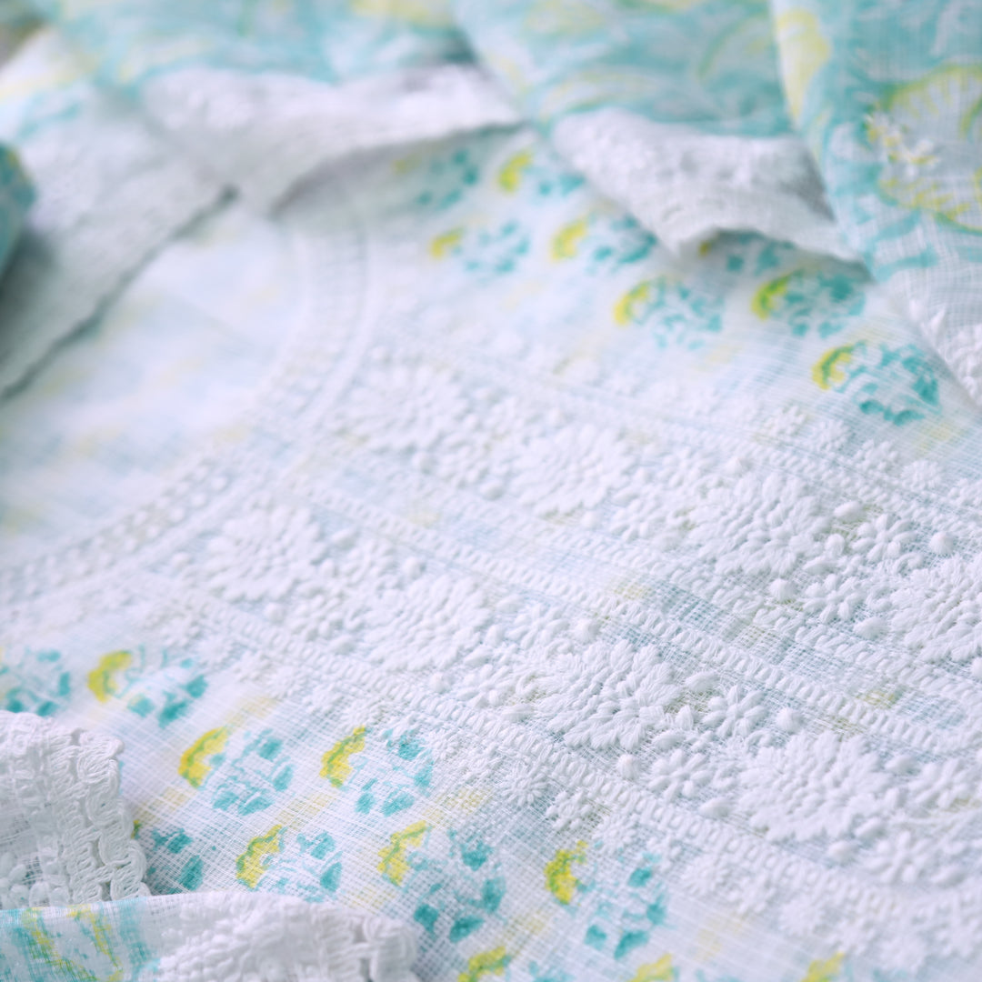 Keher White with Mint Floral Printed Embroidered Kota Doriya Set
