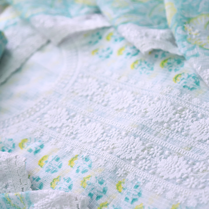 Keher White with Mint Floral Printed Embroidered Kota Doriya Set