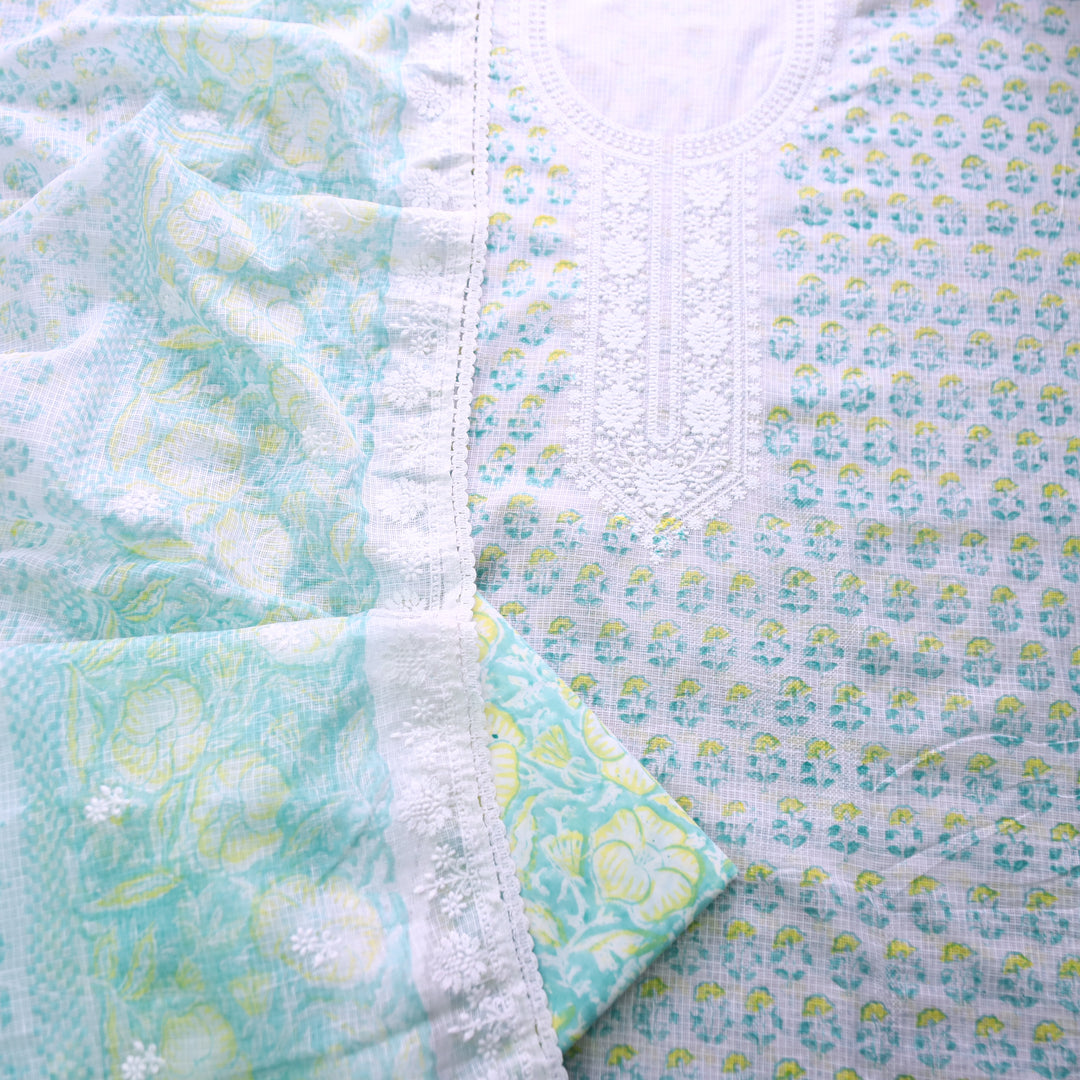 Keher White with Mint Floral Printed Embroidered Kota Doriya Set