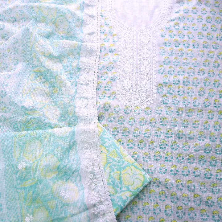 Keher White with Mint Floral Printed Embroidered Kota Doriya Set