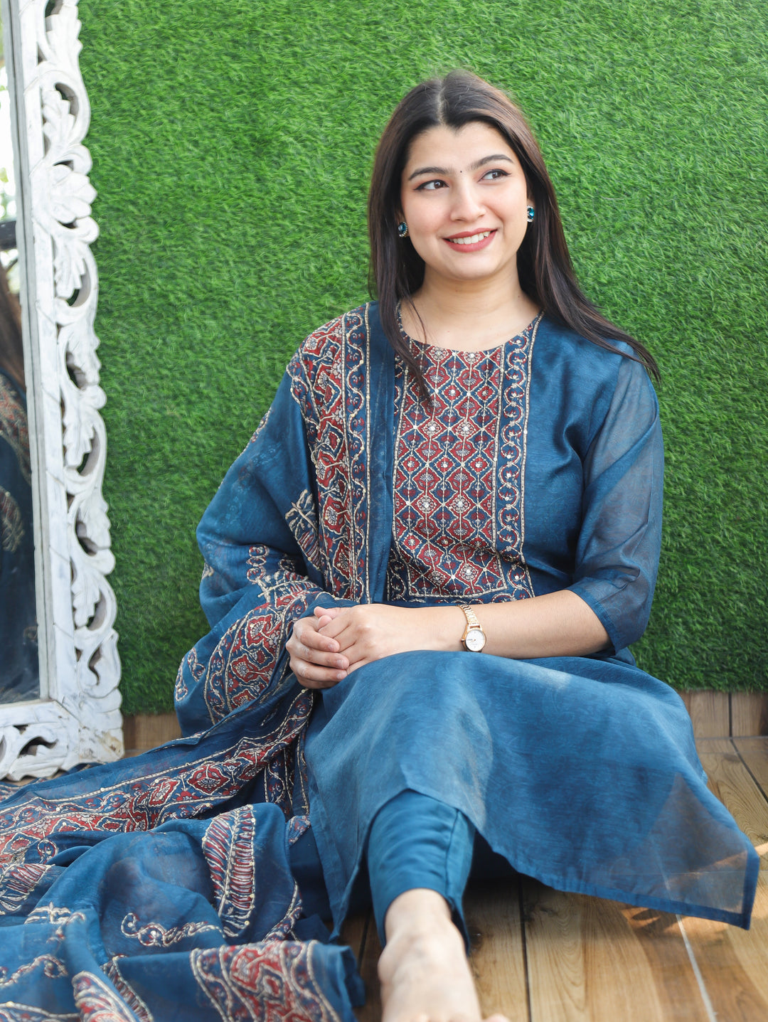Nandani Cerulean Blue Printed Neck with Kolkata Hand Kantha Work Chanderi 3 Piece Set