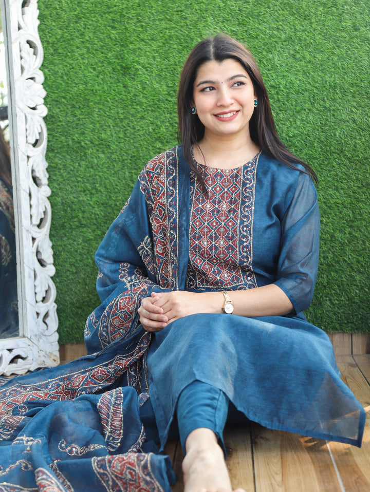 Nandani Cerulean Blue Printed Neck with Kolkata Hand Kantha Work Chanderi 3 Piece Set