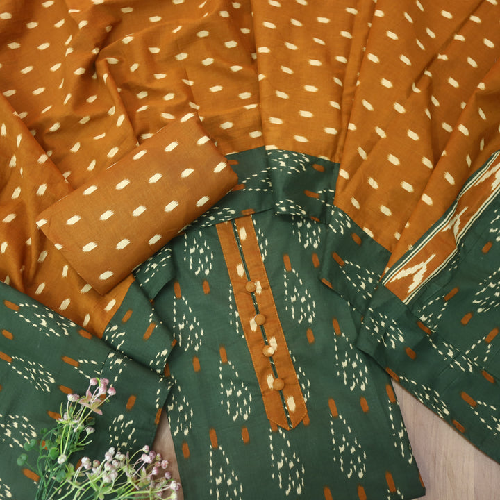Dua Sacramento Green Ikkat Digital Printed with Potli Button Patch Cotton Suit Set