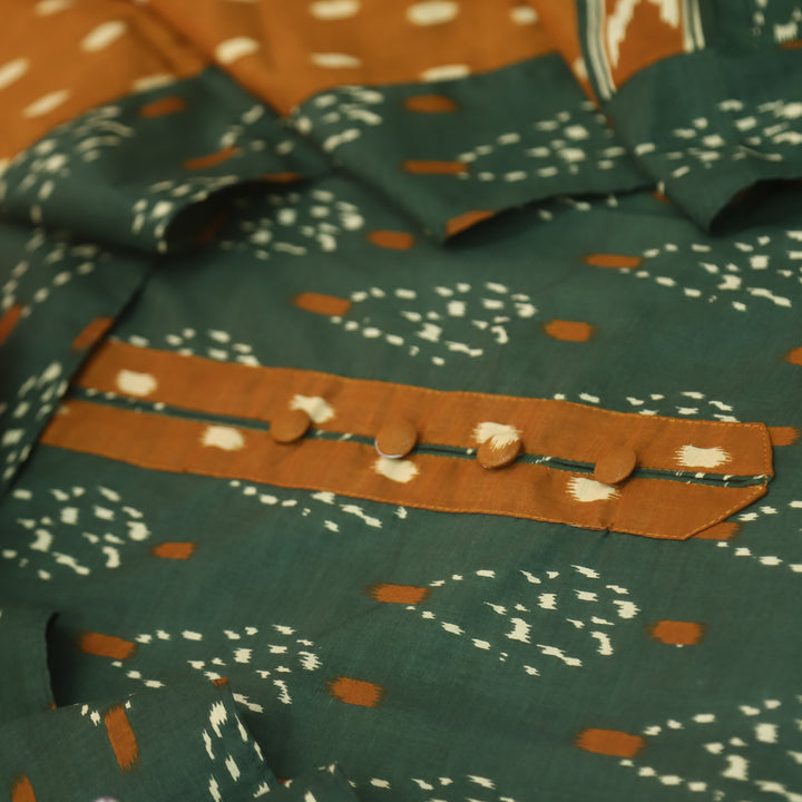 Dua Sacramento Green Ikkat Digital Printed with Potli Button Patch Cotton Suit Set