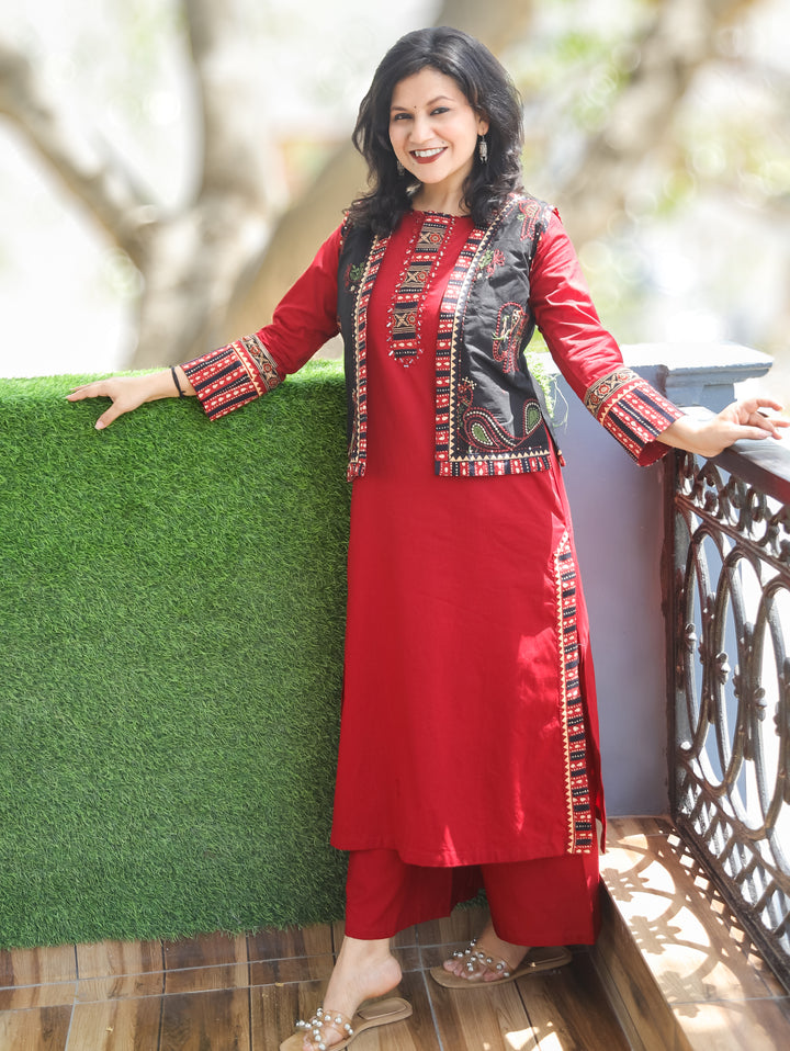 Suhani Cherry Red Cotton Jacket Set