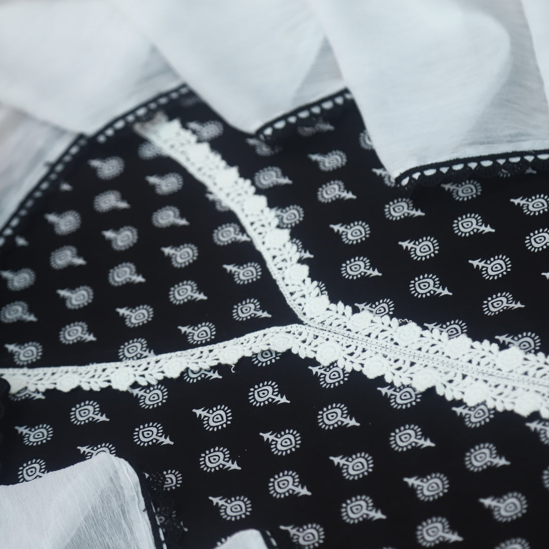 Dua Ebony Black All Over Digital Buti Printed with Lave Neck Work Cotton Suit Set