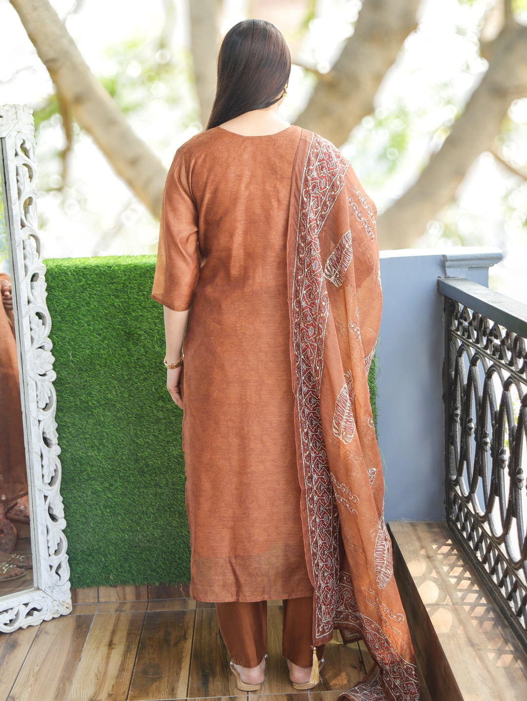 Nandani Burnt Brown Printed Neck with Kolkata Hand Kantha Work Chanderi 3 Piece Set