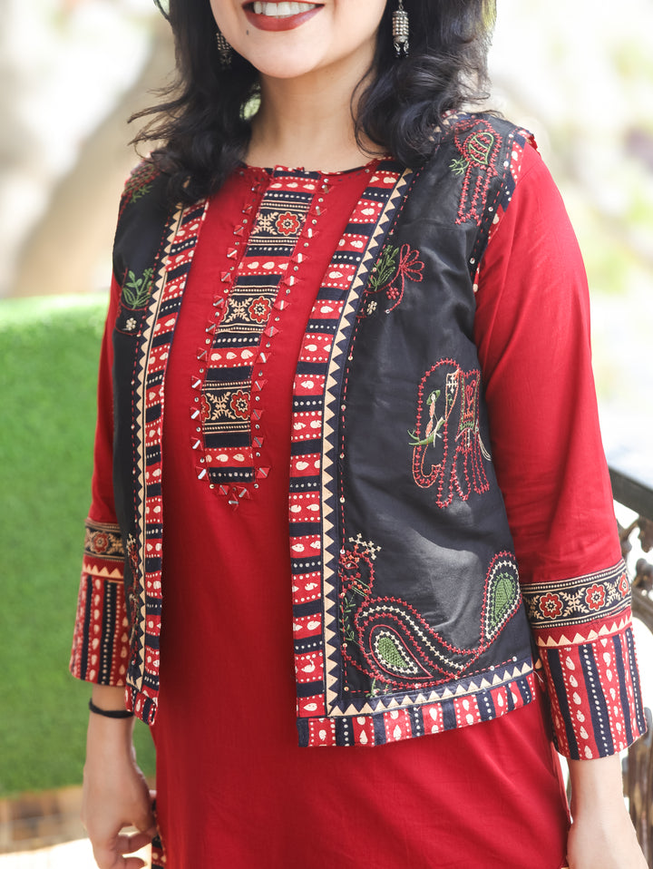 Suhani Cherry Red Cotton Jacket Set