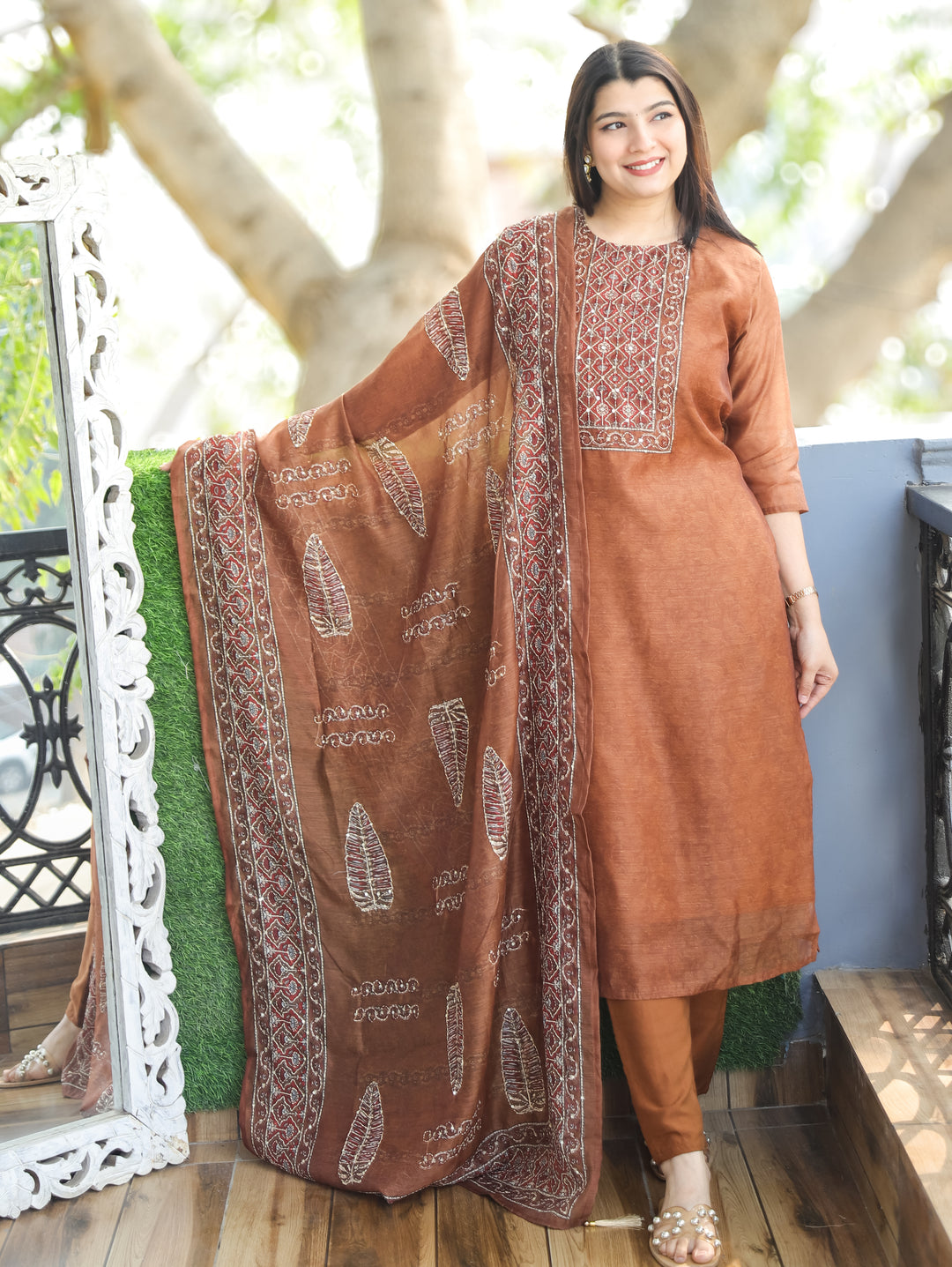 Nandani Burnt Brown Printed Neck with Kolkata Hand Kantha Work Chanderi 3 Piece Set