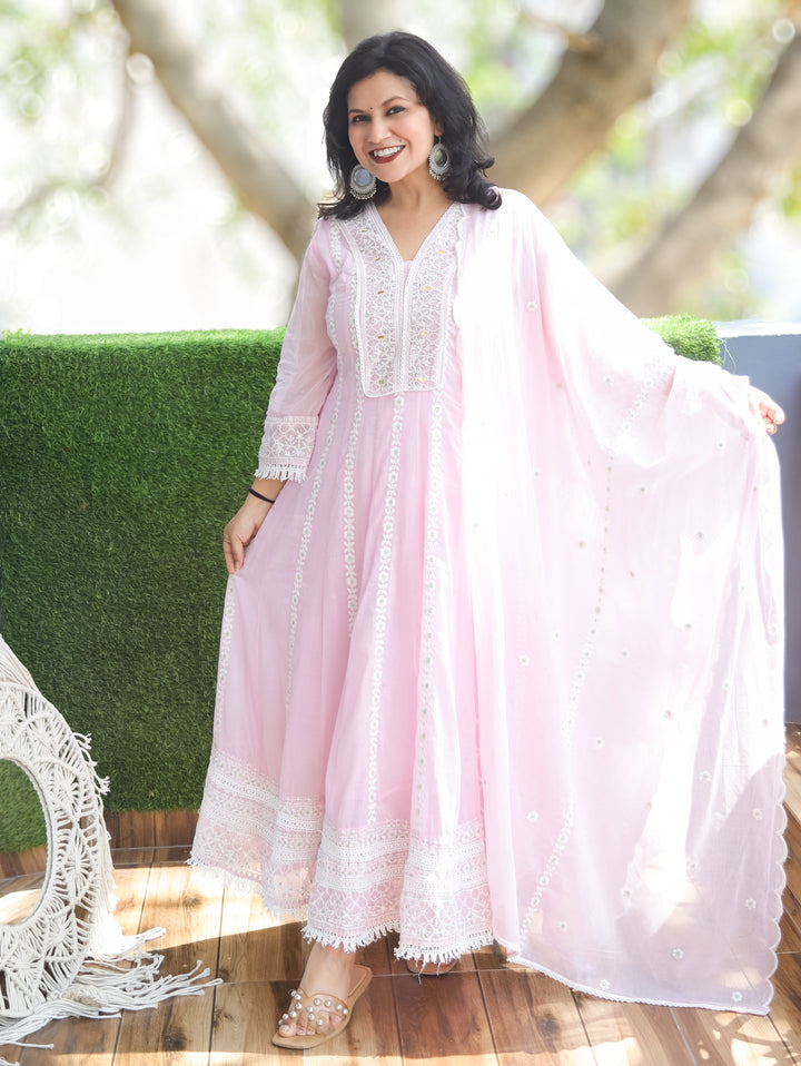 Naria Pink Embroidered Mul Cotton 3 Piece Set