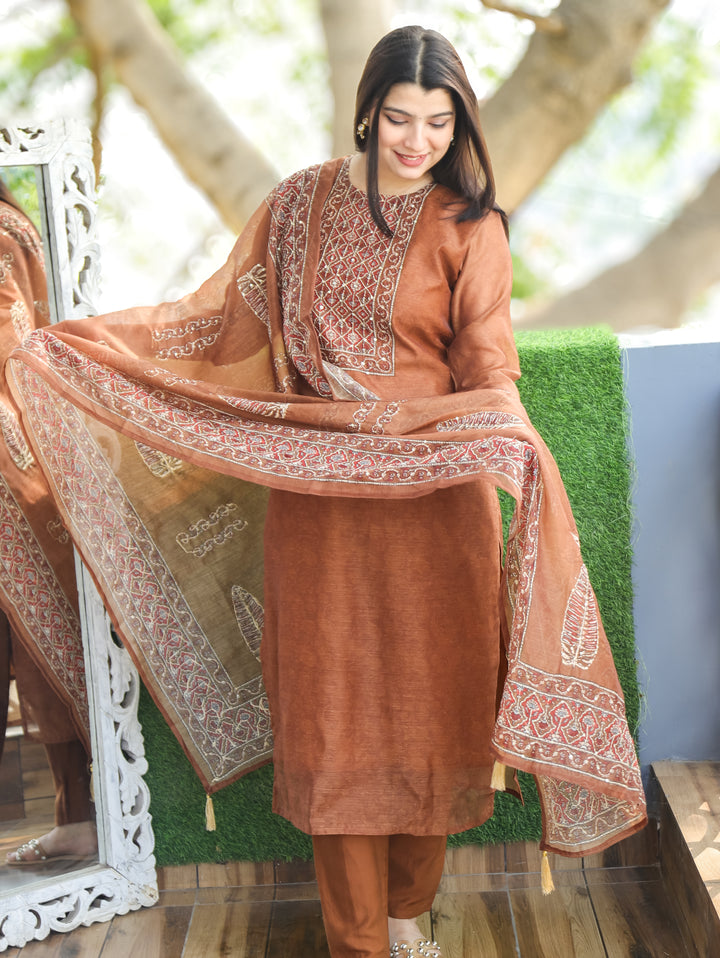 Nandani Burnt Brown Printed Neck with Kolkata Hand Kantha Work Chanderi 3 Piece Set