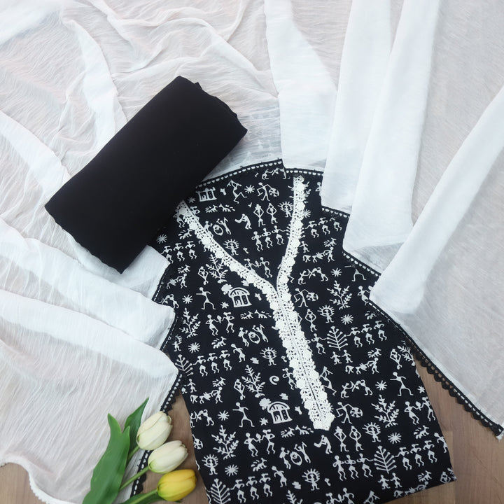 Dua Ebony Black All Over Digital Verli Printed with Lace Neck Work Cotton Suit Set