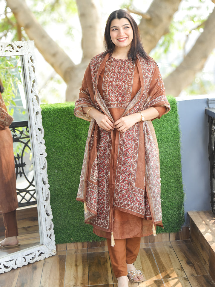 Nandani Burnt Brown Printed Neck with Kolkata Hand Kantha Work Chanderi 3 Piece Set
