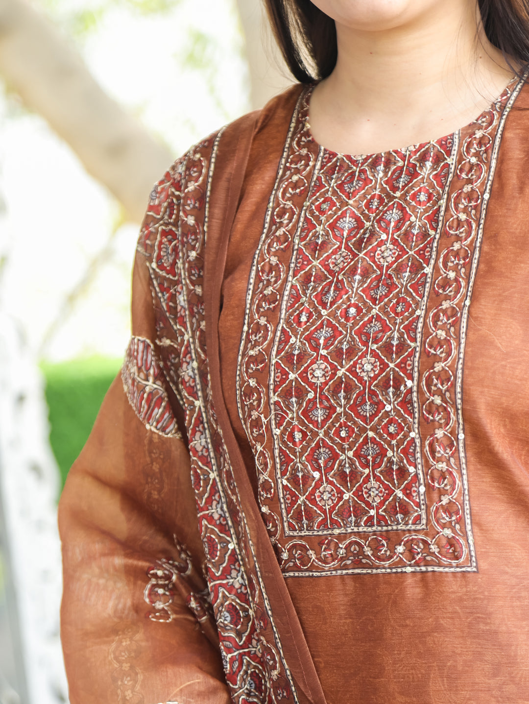Nandani Burnt Brown Printed Neck with Kolkata Hand Kantha Work Chanderi 3 Piece Set
