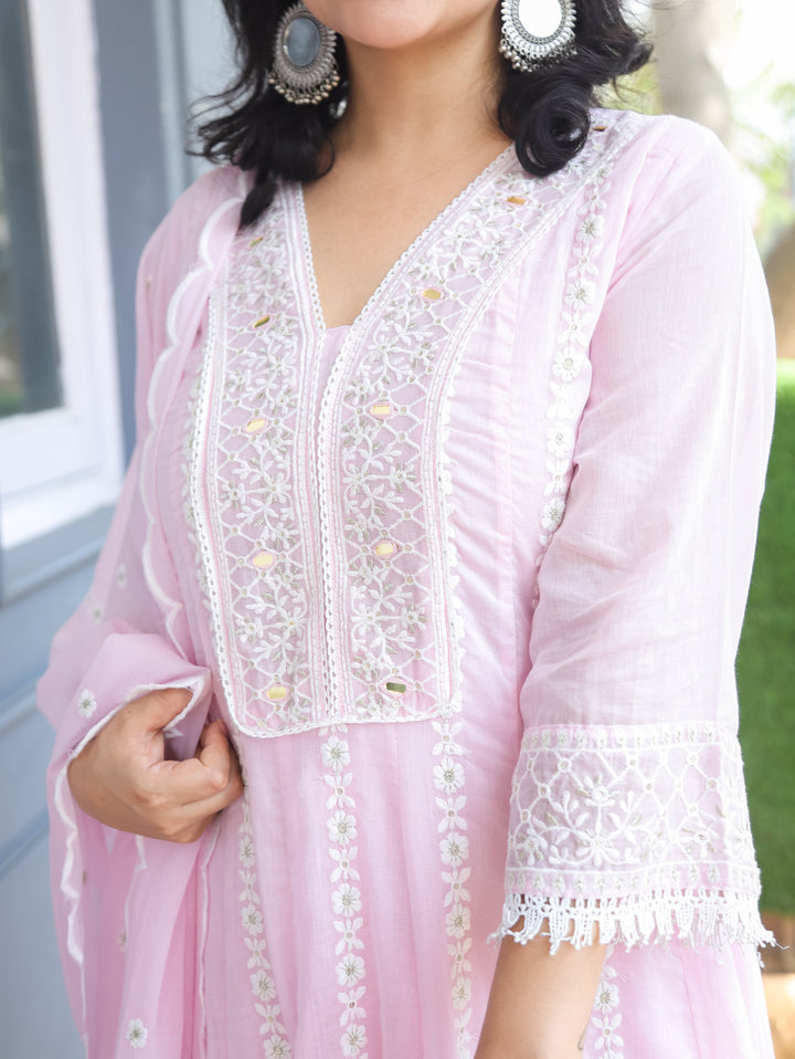 Naria Pink Embroidered Mul Cotton 3 Piece Set