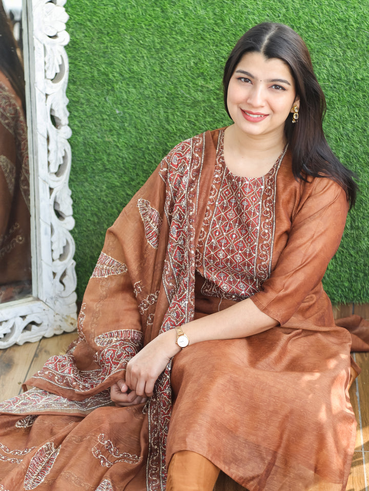 Nandani Burnt Brown Printed Neck with Kolkata Hand Kantha Work Chanderi 3 Piece Set