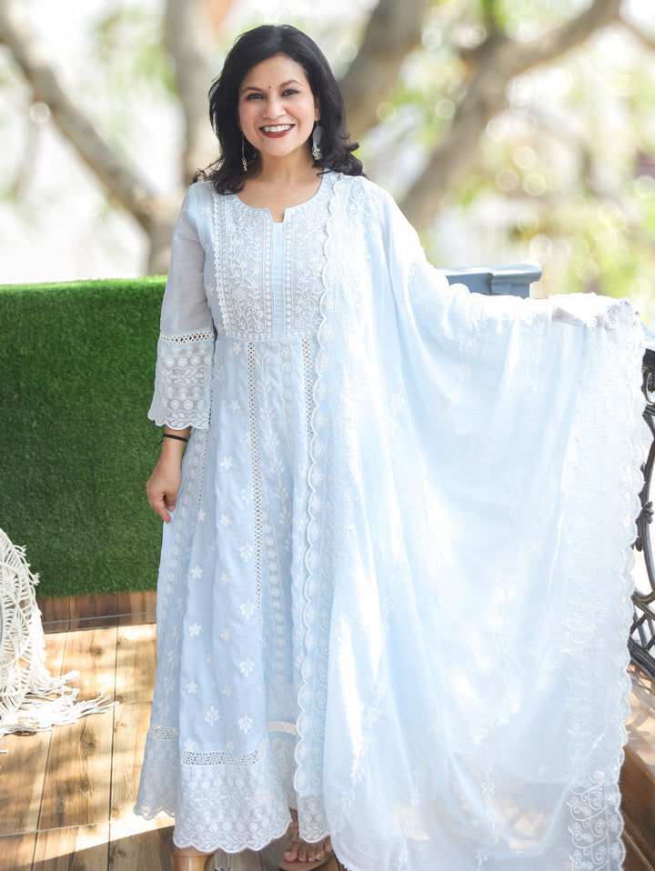 Olivia Powder Blue Embroidered Mul Cotton 3 Piece Set