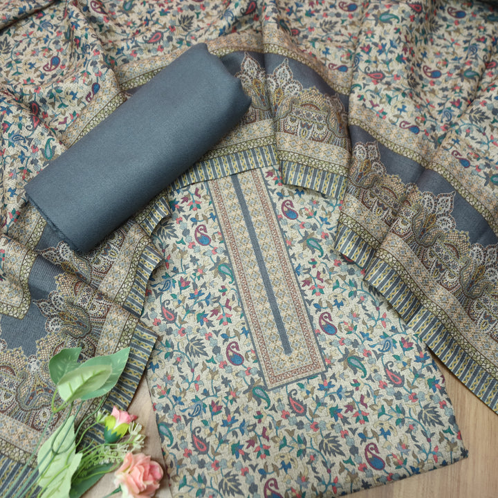 उषा Slate Grey in Elegant  All Over Digital Printed Semi Pashmina Winter Set