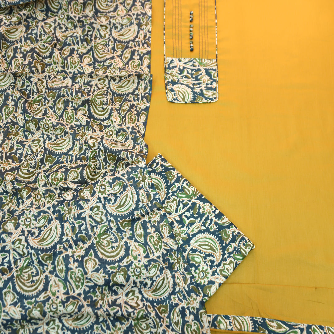 Radhika Turmeric Yellow Potli Button with Kalamakari Printed Neck Patch Cotton Suit Set