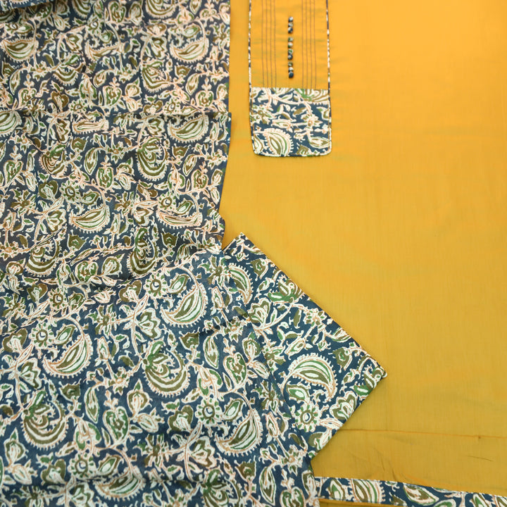 Radhika Turmeric Yellow Potli Button with Kalamakari Printed Neck Patch Cotton Suit Set
