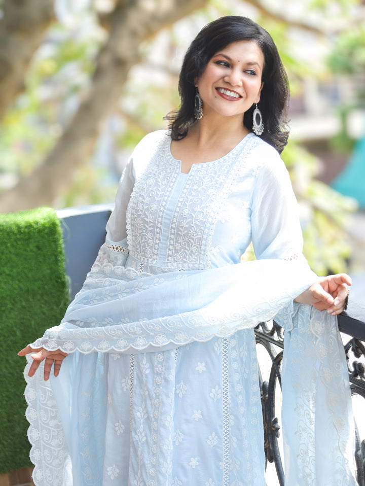 Olivia Powder Blue Embroidered Mul Cotton 3 Piece Set